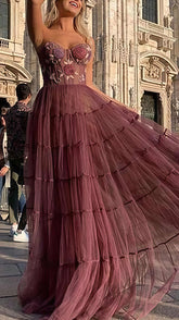 Sweetheart A-Line Tulle Prom Dress, Embroidery Applique Party Gown,AST1679